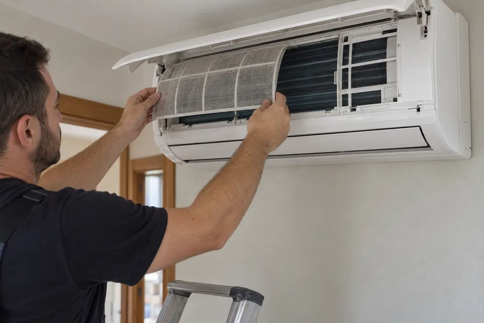 Técnico retirando el filtro de un split de pared para su limpieza durante el mantenimiento
