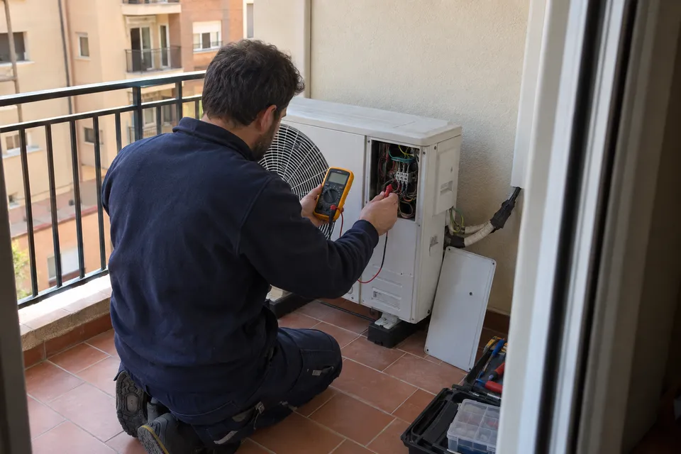 Técnico comprobando con un multímetro los componentes de una unidad exterior de aire acondicionado en un balcón