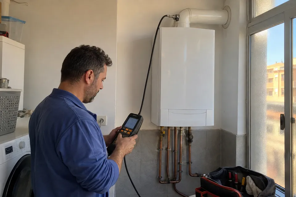 Técnico utilizando un analizador de gases conectado a la salida de humos durante la revisión de una caldera