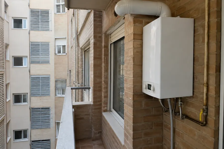 Calentador de gas con pantalla, dos mandos y conexiones de agua y gas en una galería