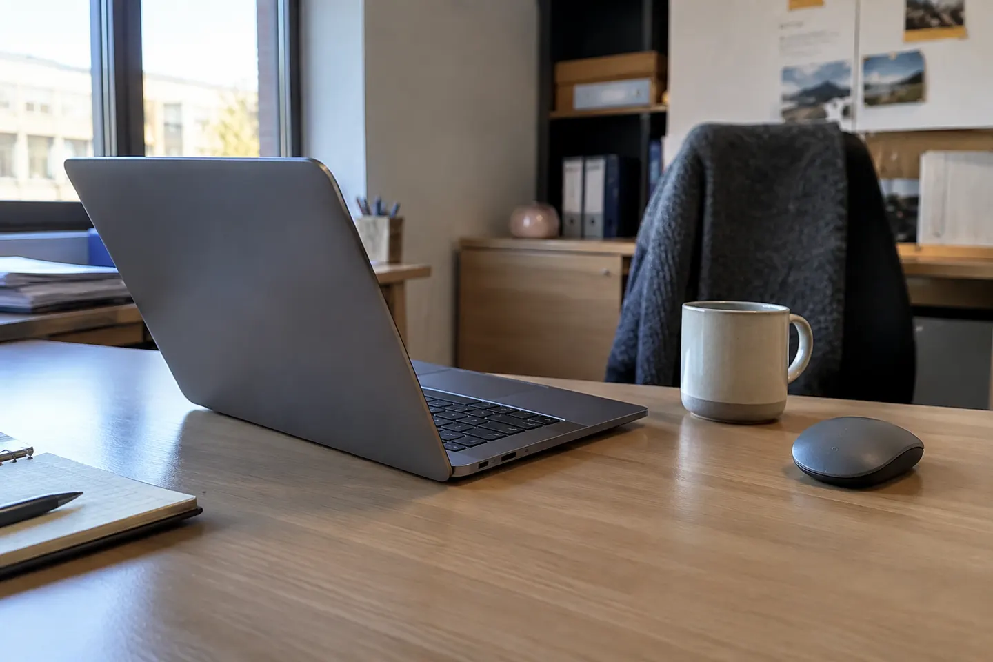 Ordenador portátil y ratón sobre una mesa de trabajo