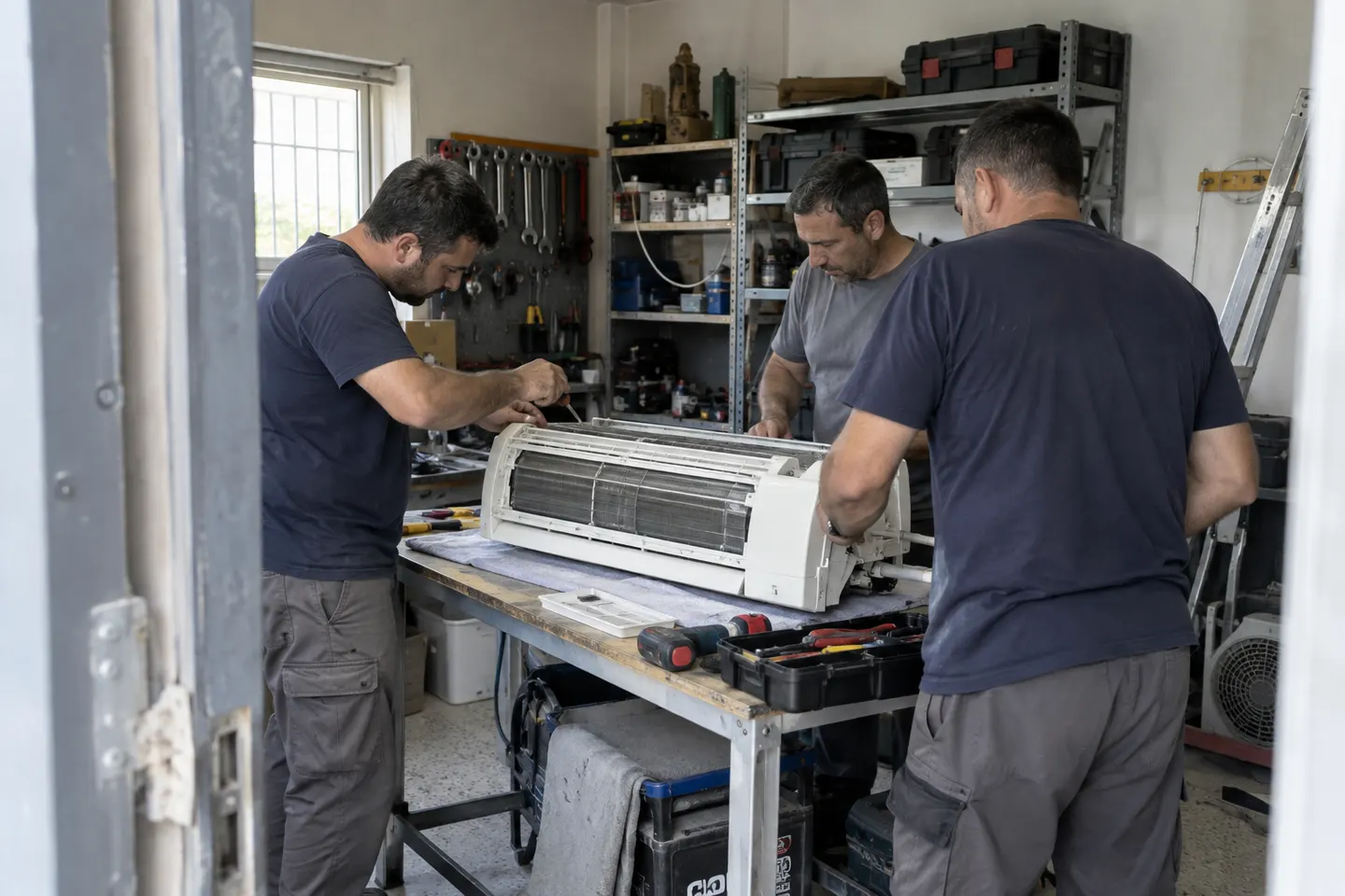 Profesionales preparando un equipo de aire acondicionado sobre un banco de trabajo
