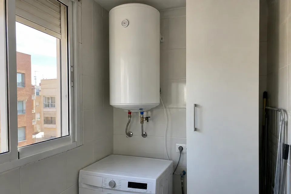 Termo eléctrico vertical con conexiones de agua en una galería doméstica