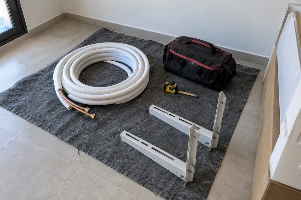 Herramientas, tubería de cobre aislada y soportes preparados para instalar un aire acondicionado