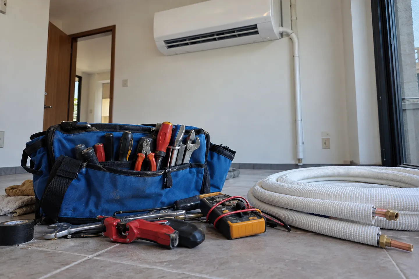 Bolsa abierta con herramientas de climatización sobre el suelo de una vivienda