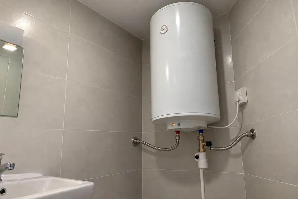Termo eléctrico cilíndrico instalado en un baño con conexiones de agua independientes